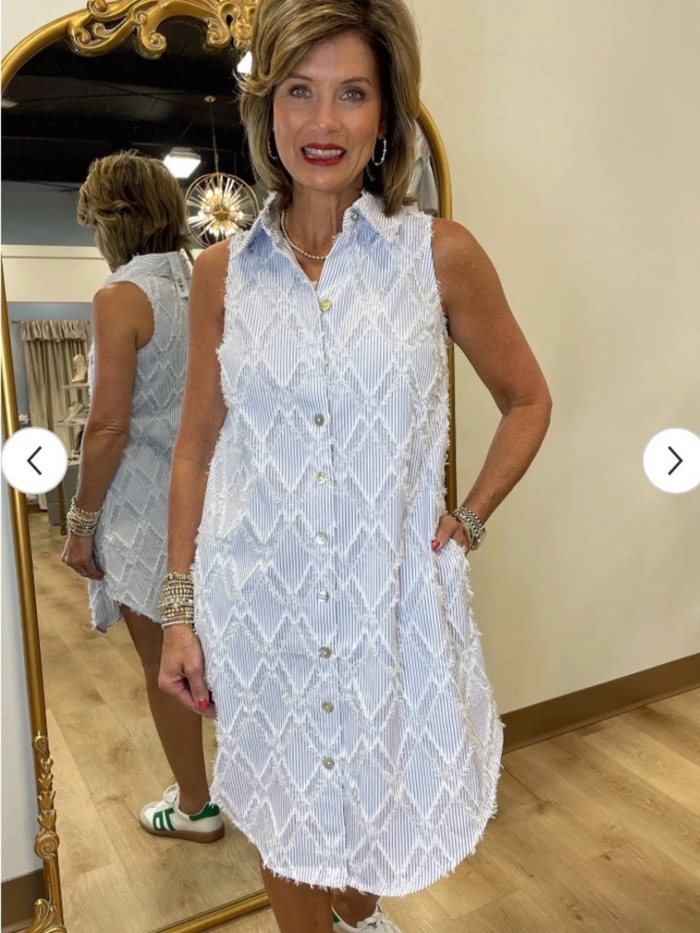 Sleeveless Light Blue High-Low Shirt Dress with Fringe Detail
